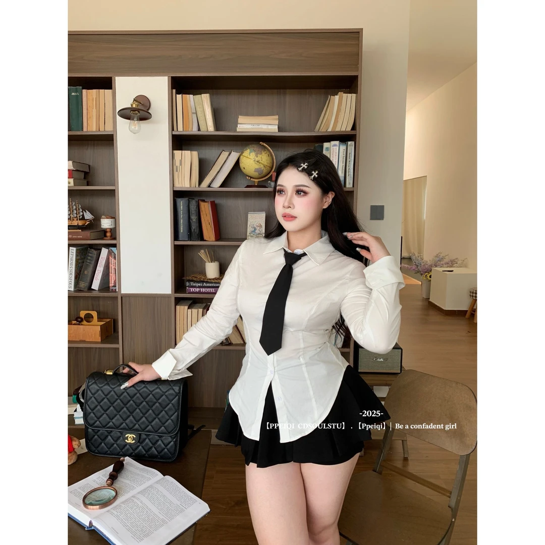 【PPEIQI】"白色恋人"微胖设计感学院风秋季衬衫上衣女百褶半身裙