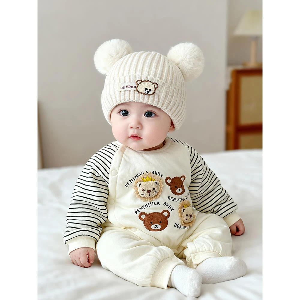 婴儿帽子秋冬季保暖加厚针织可爱毛线帽男女宝宝小月龄防风套头帽