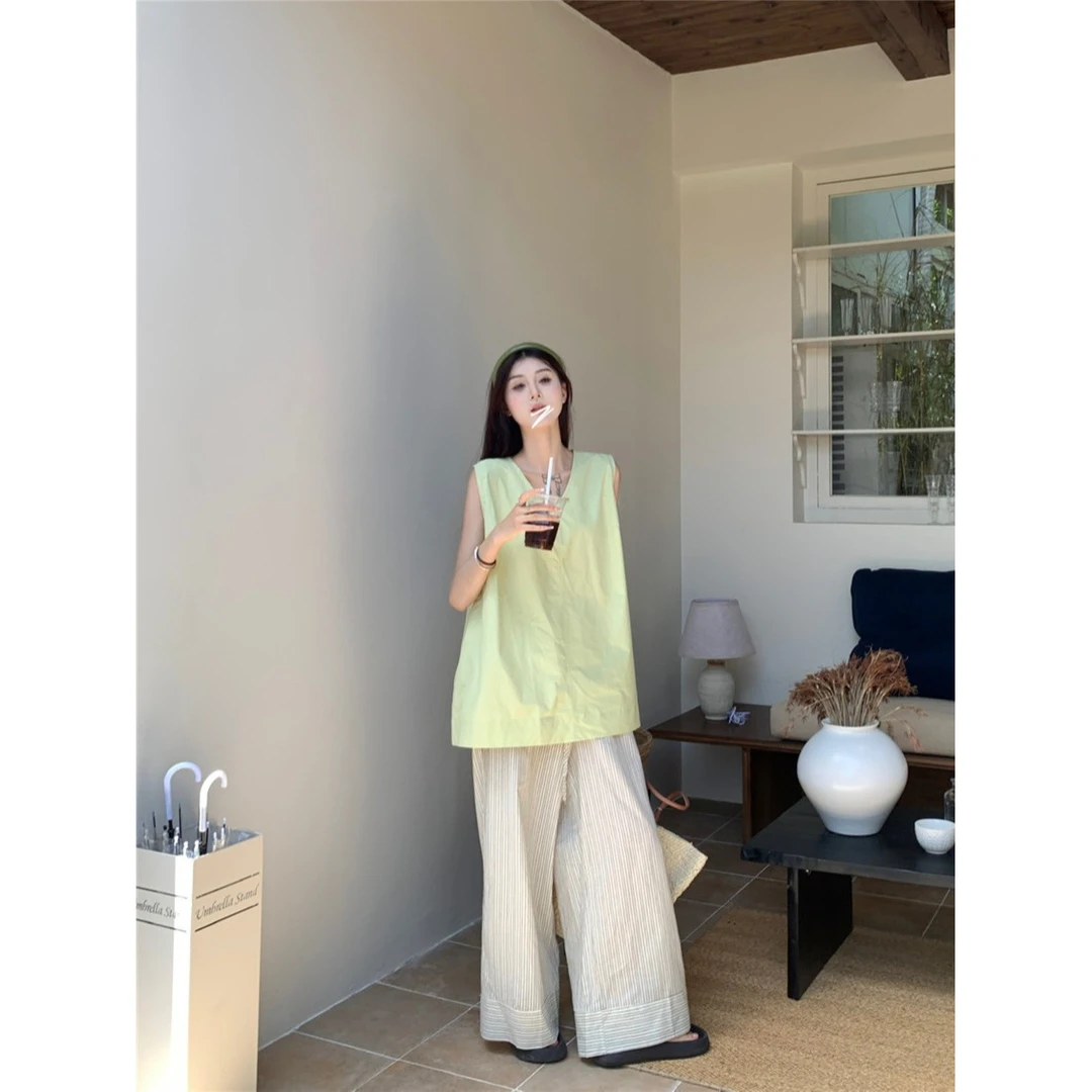 2025新款夏季减龄松弛感无袖宽松遮肉背心+抽绳条纹休闲裤