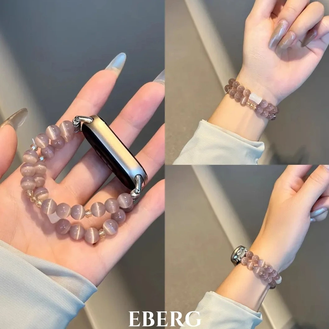 适用小米手环10pro表带9pro猫眼石弹力串珠小米9女款手表透气腕带