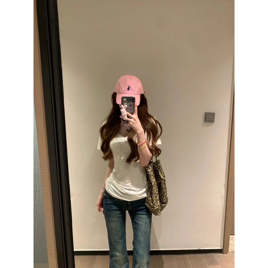 夏季新款螺纹修身型常规女T恤短袖极简风气质短款小众设计感时尚