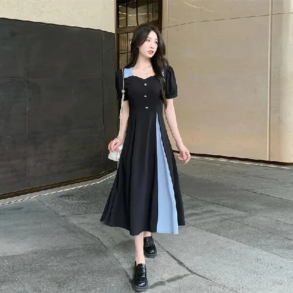 (现货)胖mm拼色赫本风法式方领连衣裙夏季收腰显瘦A字长裙子1298