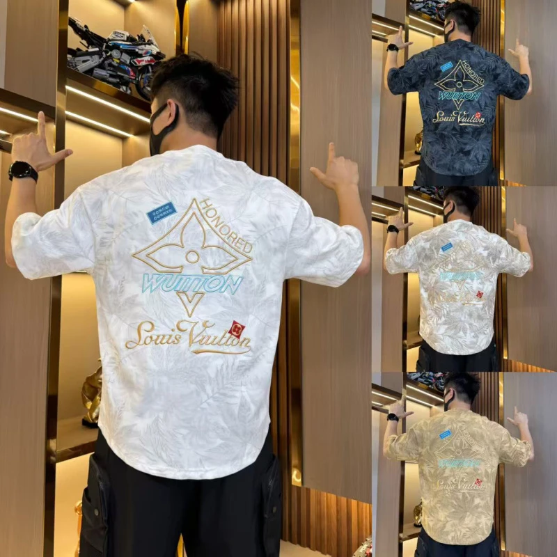 全刺绣男士短袖t恤扎染水洗面料透气舒适字母宽松百搭休闲燕尾服