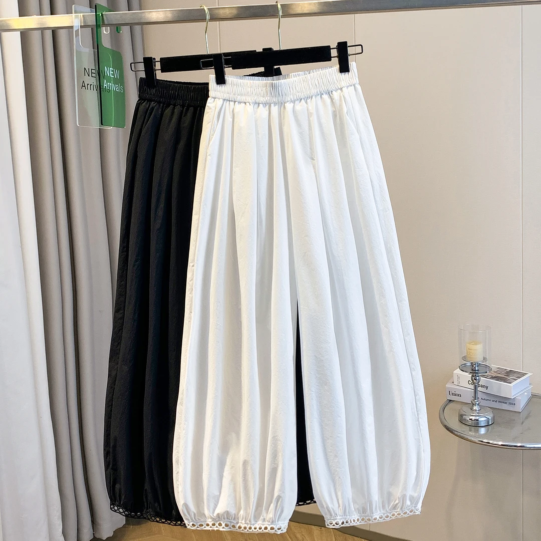 2025夏季新款韩系宽松镂空花边阔腿灯笼裤高腰休闲花苞气球裤女