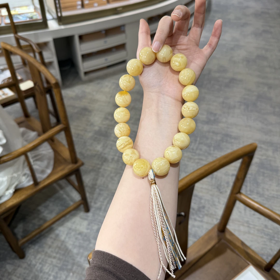 【铭舍 浓白花特手持】天然蜜蜡圆珠浓白花特手持时尚国风轻奢