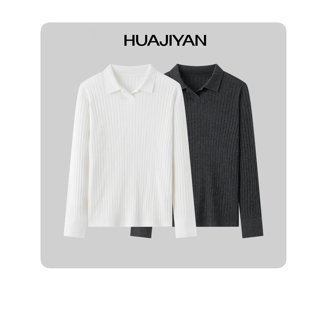 华吉言/HUAJIYAN【秘语】美丽诺羊毛混纺竖坑条针织Polo领上衣毛衣
