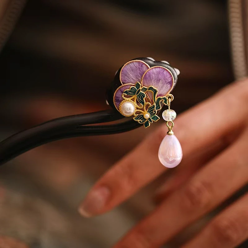 非遗桑蚕丝绒花檀木发簪新中式紫色百搭簪温柔气质典雅手工盘发簪