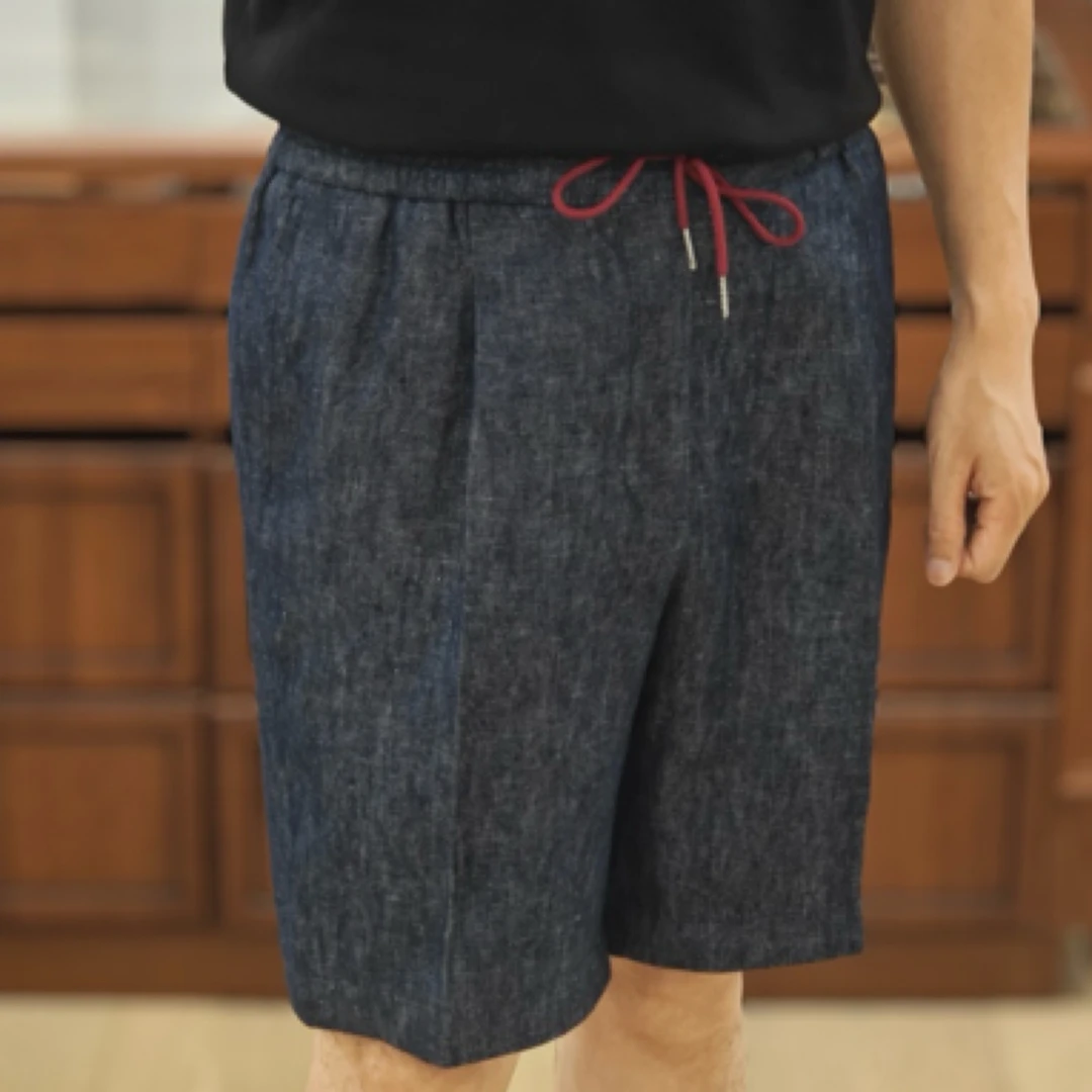 进口亚麻牛仔百慕大短裤 极少有的亚麻丹宁 100%亚麻抽绳短裤