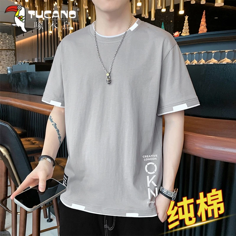 啄木鸟男士短袖T恤夏季新款宽松圆领潮流男款纯棉半袖男装上衣服