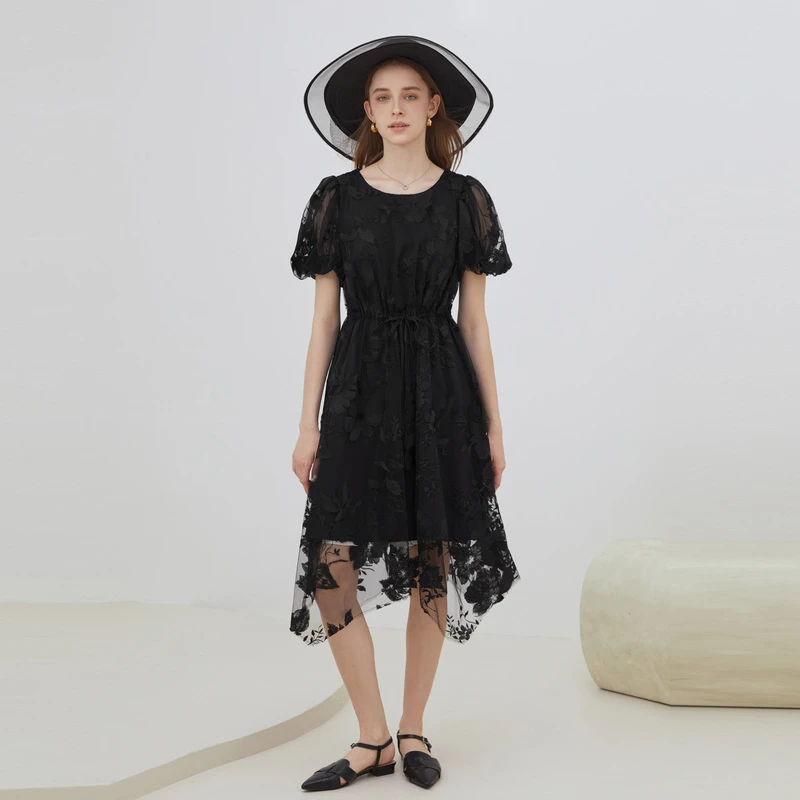 S·DEER圣迪奥女装时尚气质绣花收腰网纱泡泡袖连衣裙S223Z12C2