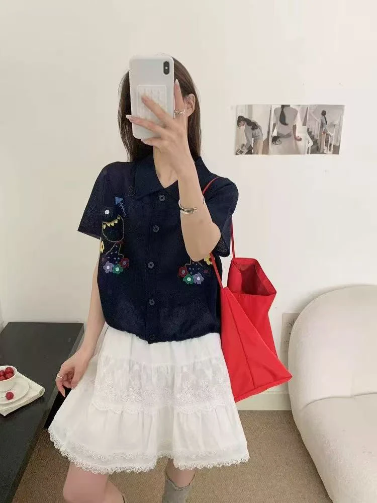 气质新款polo领卡通小猫花朵刺绣时尚洋气百搭开衫短袖女1581