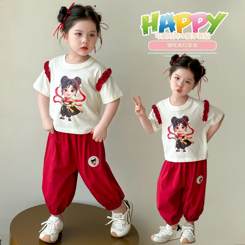 女童夏装套装2025新款儿童洋气哪吒亮灯短袖长裤两件套夏季运动服