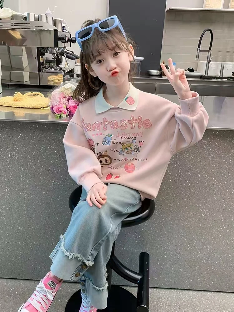 女童草莓刺绣卫衣春秋2025春季新款洋气春装中大儿童polo领上衣潮