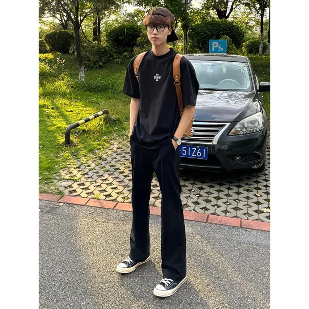 黑色冰丝直筒西裤男夏季薄款美式提裆裤子cleanfit凉感速干微喇裤