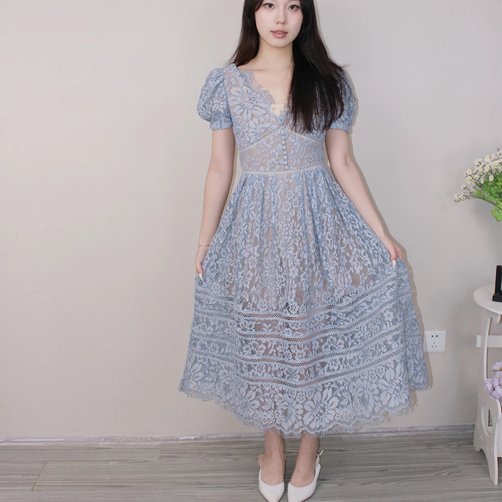 （A类）sp原版直出1比1全复制雾霾蓝深v漏胸大摆礼服裙