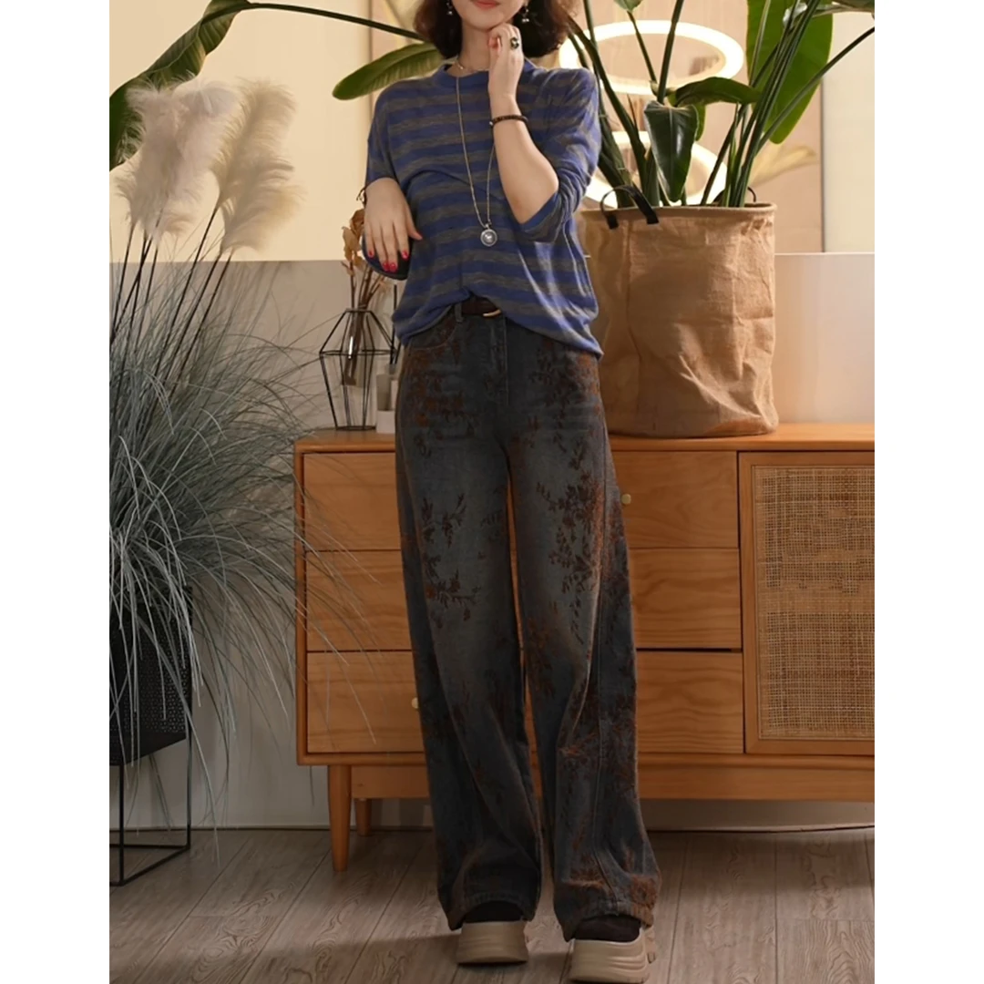 X【叭哒不惑】梨形裤 棉复古刺绣植绒牛仔裤女时尚百搭显瘦裤子