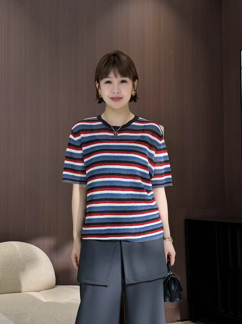方和屿.常规款条纹短袖圆领短外套女士上衣女装休闲套头T恤56305
