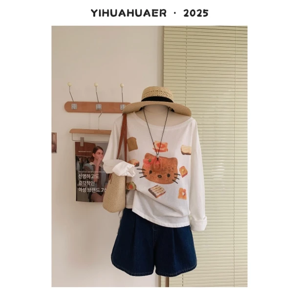 东大门韩国原单韩系卡通印花图案百搭透气小猫圆领T恤3477