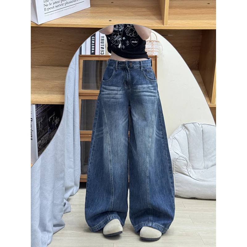 美式高街立体裁剪廓形弯刀牛仔裤女夏季新款宽松高腰垂感拖地裤子