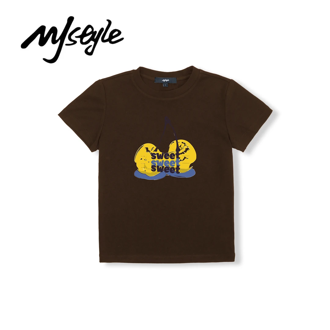 夏季复古简约款樱桃字母印花正肩圆领微弹修身减龄显瘦百搭上衣t