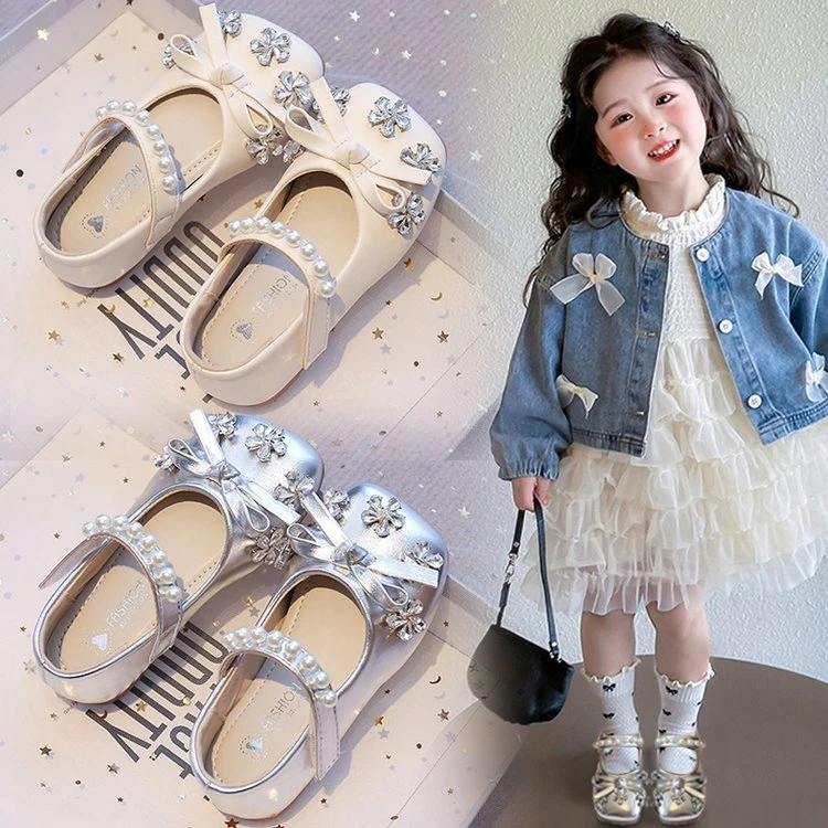 女童公主鞋2025春秋新款儿童蝴蝶结亮钻小皮鞋小女孩软底防滑单鞋