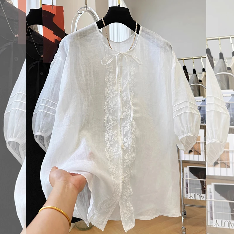 夏季新中式女士宽松系带刺绣花边中袖衬衫大码显瘦国风微透高级感