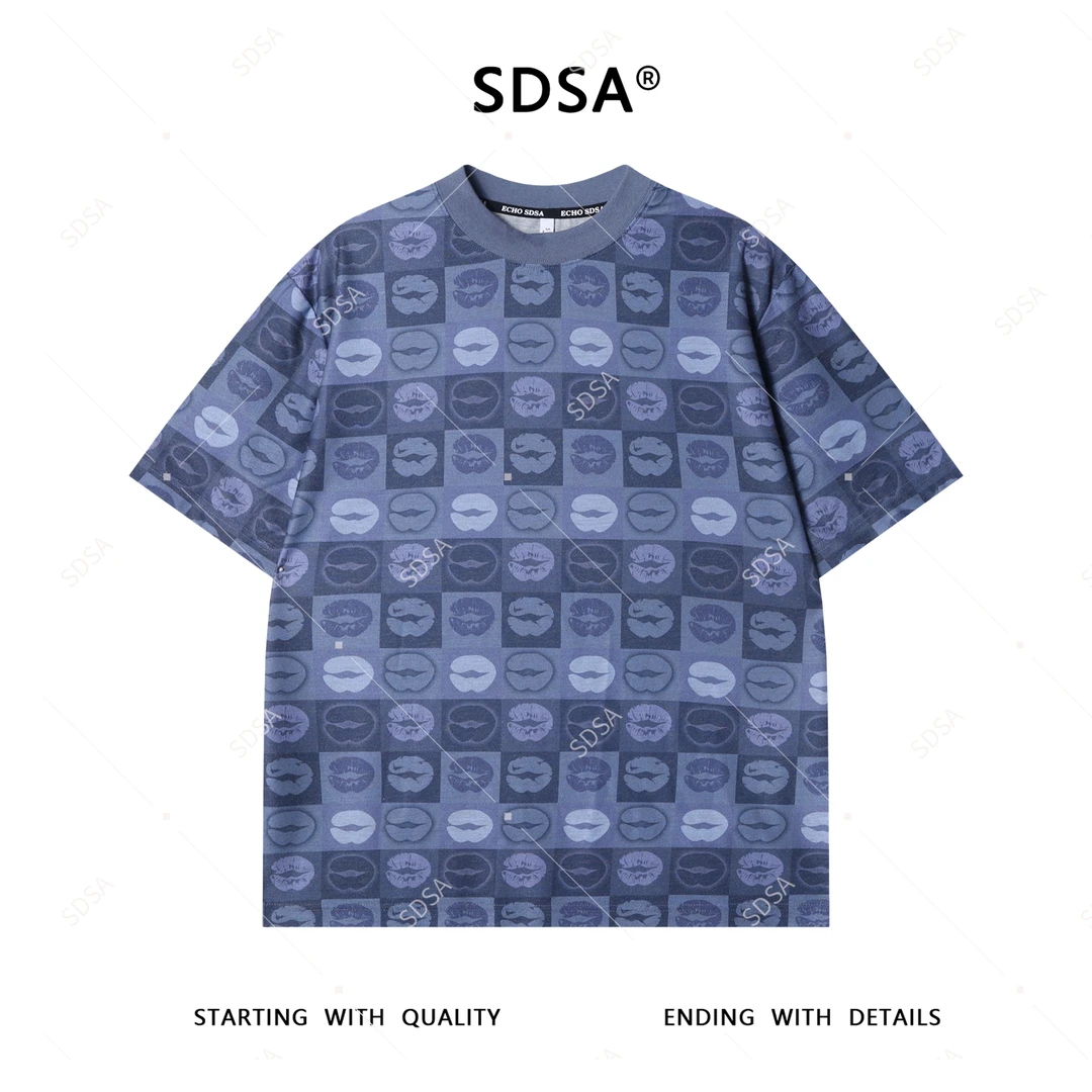 夏季高级感新款男士简约满印嘴唇图案短袖T恤休闲时尚圆领上衣