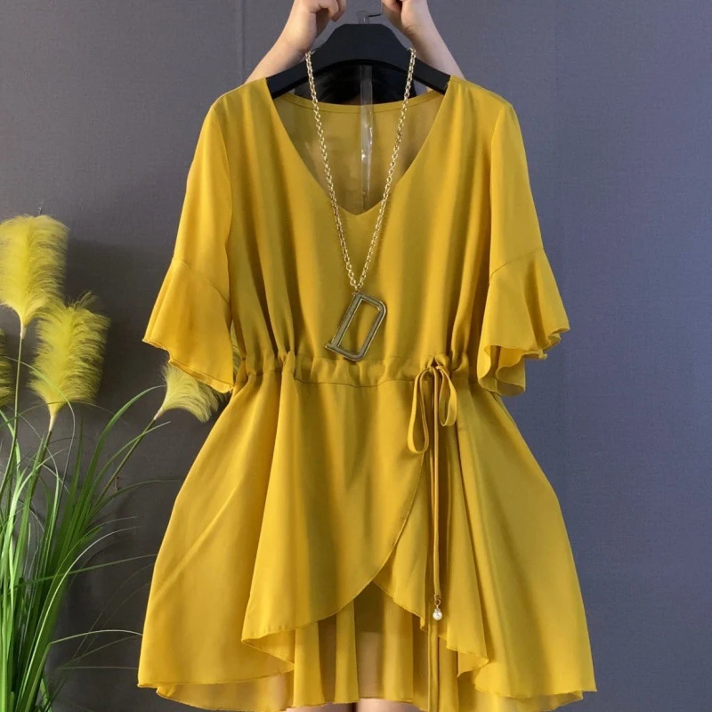 春夏百搭季宽松减龄中长款半袖雪纺遮肚抽绳品质时尚T桖衫上衣裙