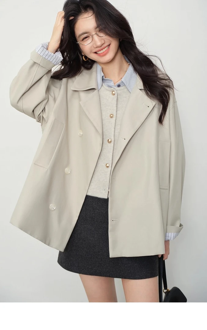 【清清】秋季新款米色中长款风衣女高级感宽松西装外套