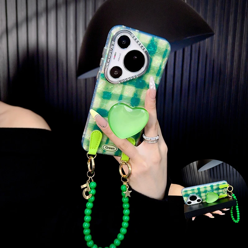 适用华为p70pro手机壳新款pura70套p70ultra绿格子ins爱心支架女+