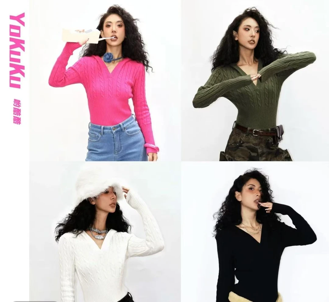 哟酷酷（探险家联盟）美式复古纯色保暖深V连帽麻花针织套头毛衣