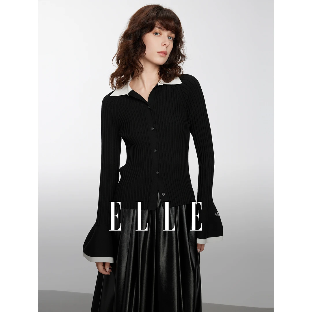 【赵老板专属】ELLE翻领修身针织开衫女2025春季新喇叭袖EZ50774