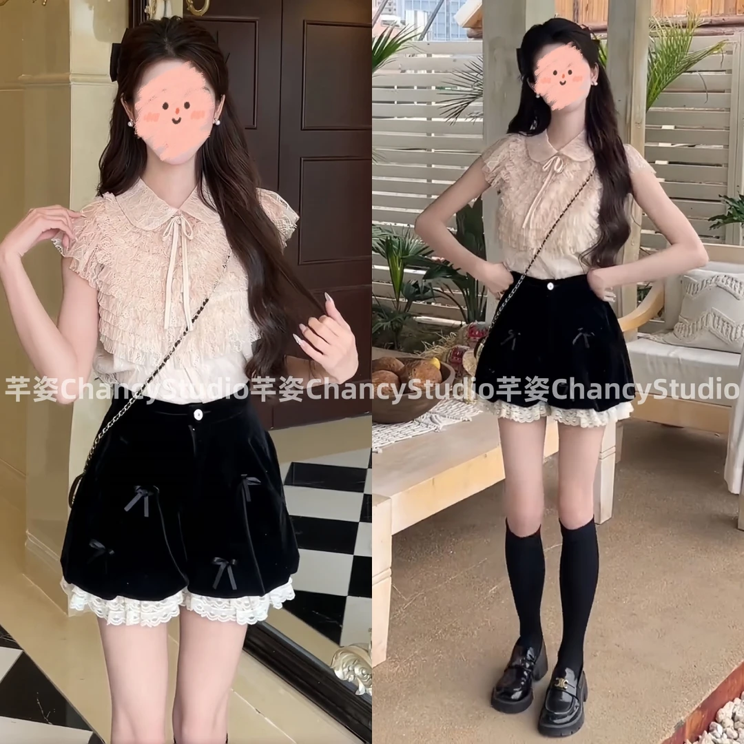 小众炸街高级感花边领洋气蕾丝上衣显瘦百搭黑色蝴蝶结短裤两件套