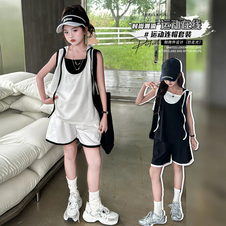 2025夏季新款女童套装运动中大儿童休闲连帽假两件初中生无袖韩版