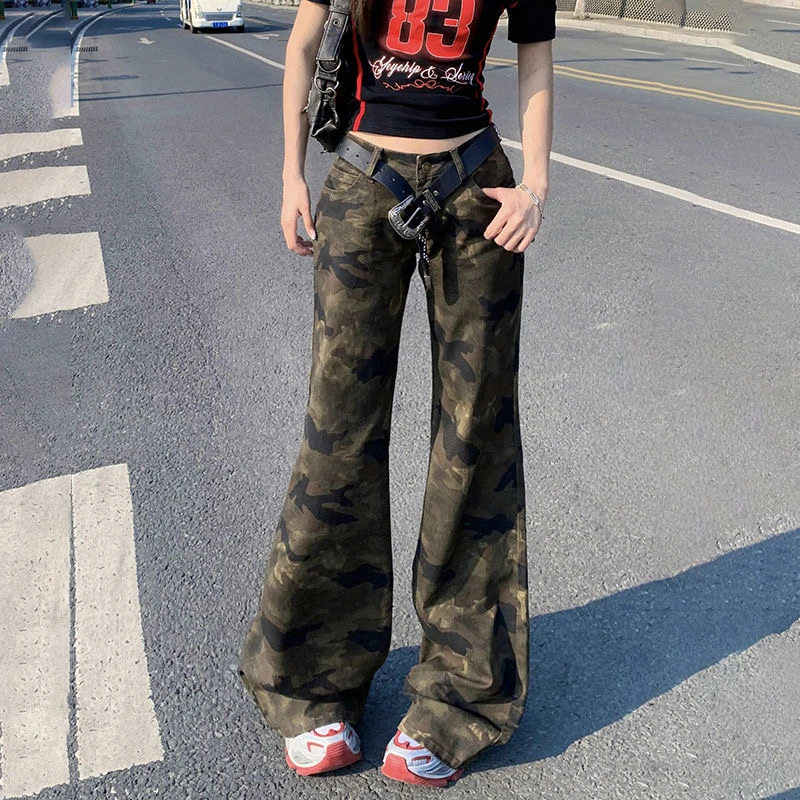 迷彩复古港风牛仔裤高街风喇叭裤设计感印花辣妹直筒美式长裤低腰