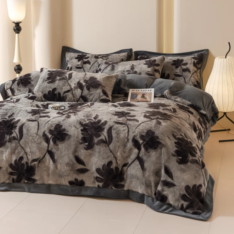 轻奢加厚豹纹牛奶绒四件套兔毛绒拼角被套双面绒被罩床单床笠款