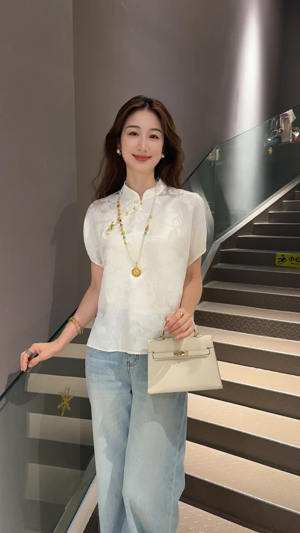 时尚夏季百搭复古宽松圆领中式气质冠乐绉衬衫4642B