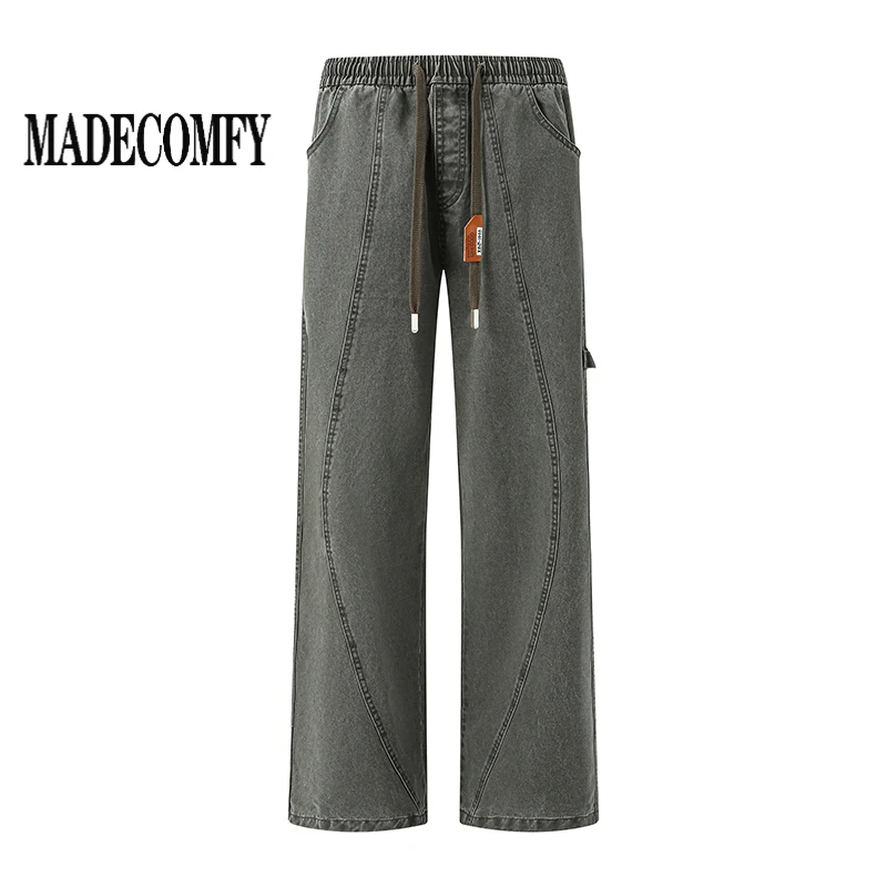 美式复古弯刀工装裤男春季新款宽松休闲阔腿裤时尚百搭水洗牛仔裤