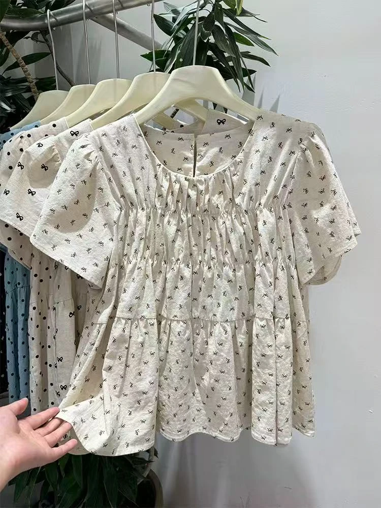 夏季新款麻料小飞袖娃娃衫透气上衣25120