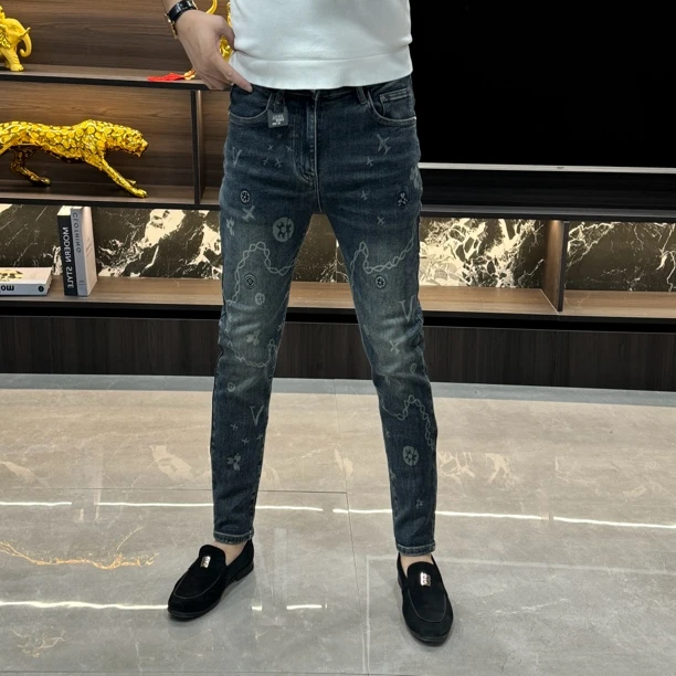 7236-秋季男士高品质时尚印花欧货修身小脚牛仔裤
