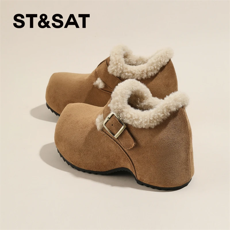 星期六加绒厚底增高勃肯鞋女2025冬季新款保暖毛毛棉鞋复古休闲鞋