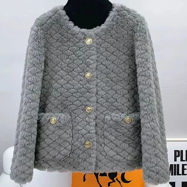 圆领菱形格小香风毛毛大口袋外套K24399