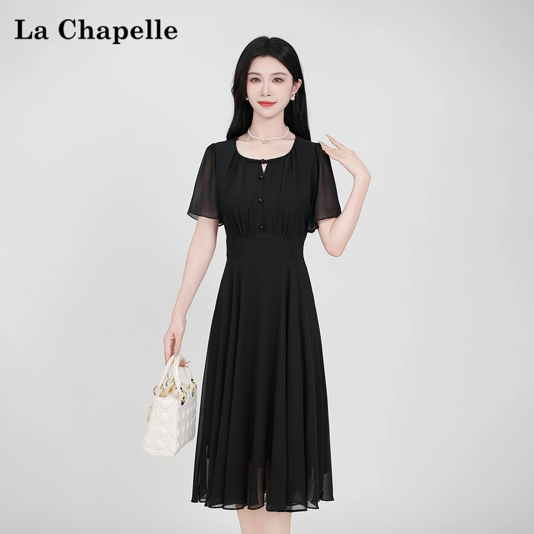 【拉夏贝尔】夏季法式设计感显瘦松紧腰显瘦短袖连衣裙