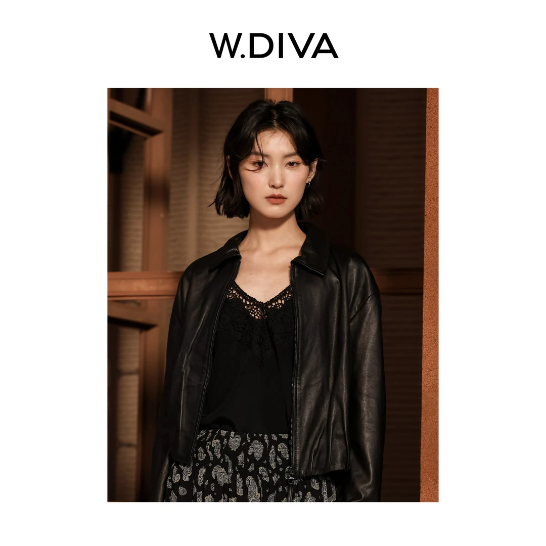 W.Diva【哑光】100进口绵羊皮翻领短款夹克长袖羊皮外套女51C061681