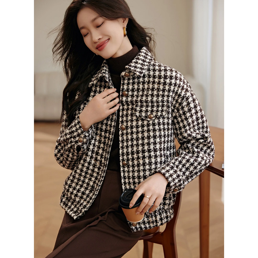 沫晗依美【直播】保暖外套2025冬季千鸟格粗花呢时髦翻领短款外套女