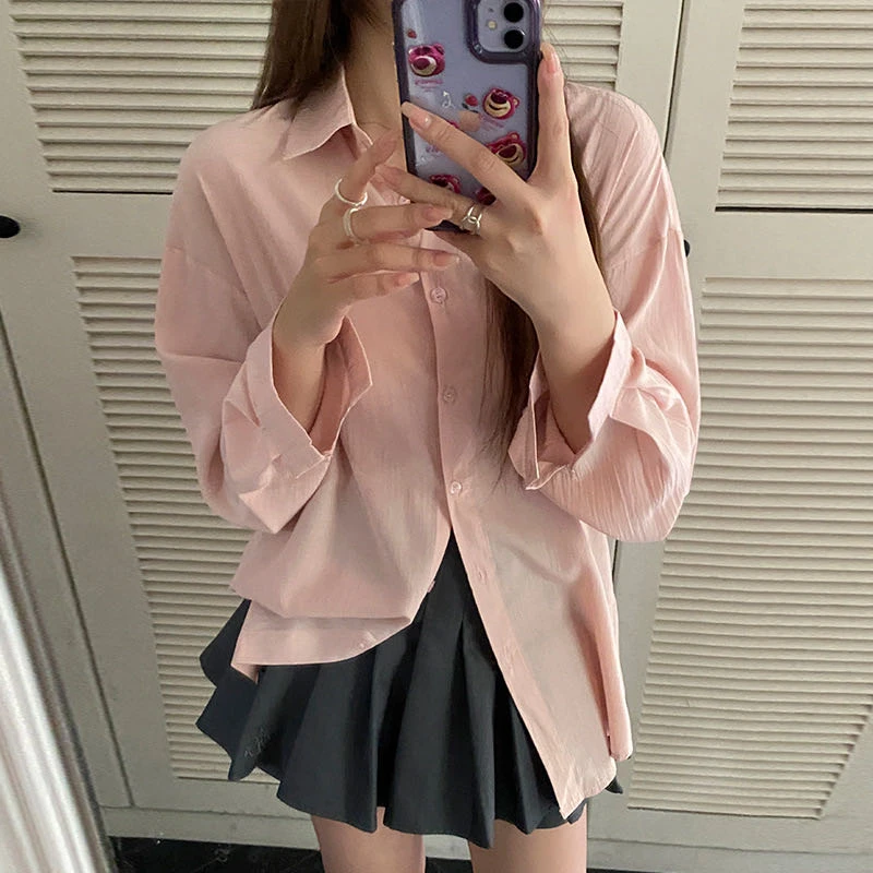 夏季韩版多巴胺薄款宽松长袖纯色防晒衬衫女外穿休闲百搭上衣