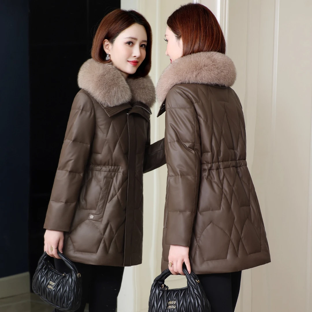 2025冬季新款真皮皮衣女中长款狐狸毛领加厚大码外套绵羊皮绒服女