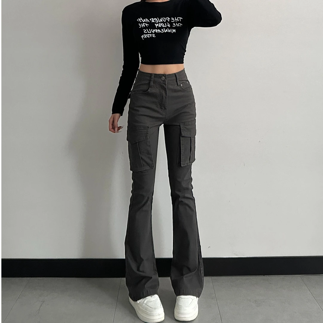 2025新款167高个子高腰弹力微喇叭工装裤女显瘦加长拖地裤8338