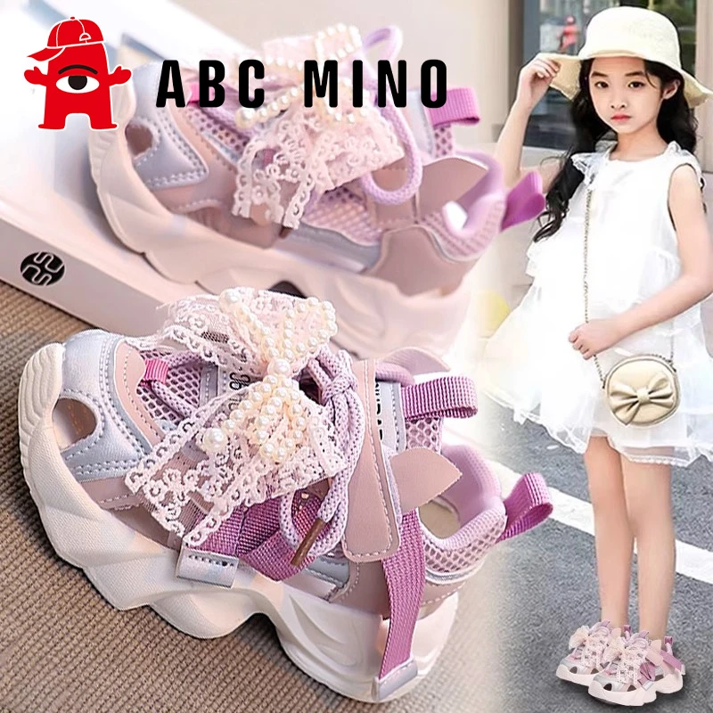 ABC MINO凉鞋女童2025新款夏季网眼透气包头单网鞋女孩公主蝴蝶结