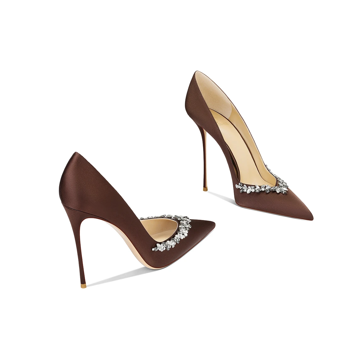 细跟鞋女2025爆款洋气水钻棕色法式优雅尖头百搭新款尖头高跟鞋